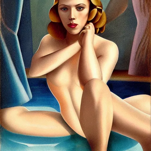 Image similar to Scarlett Johansson bathing, full body, in the style of Tamara de Lempicka