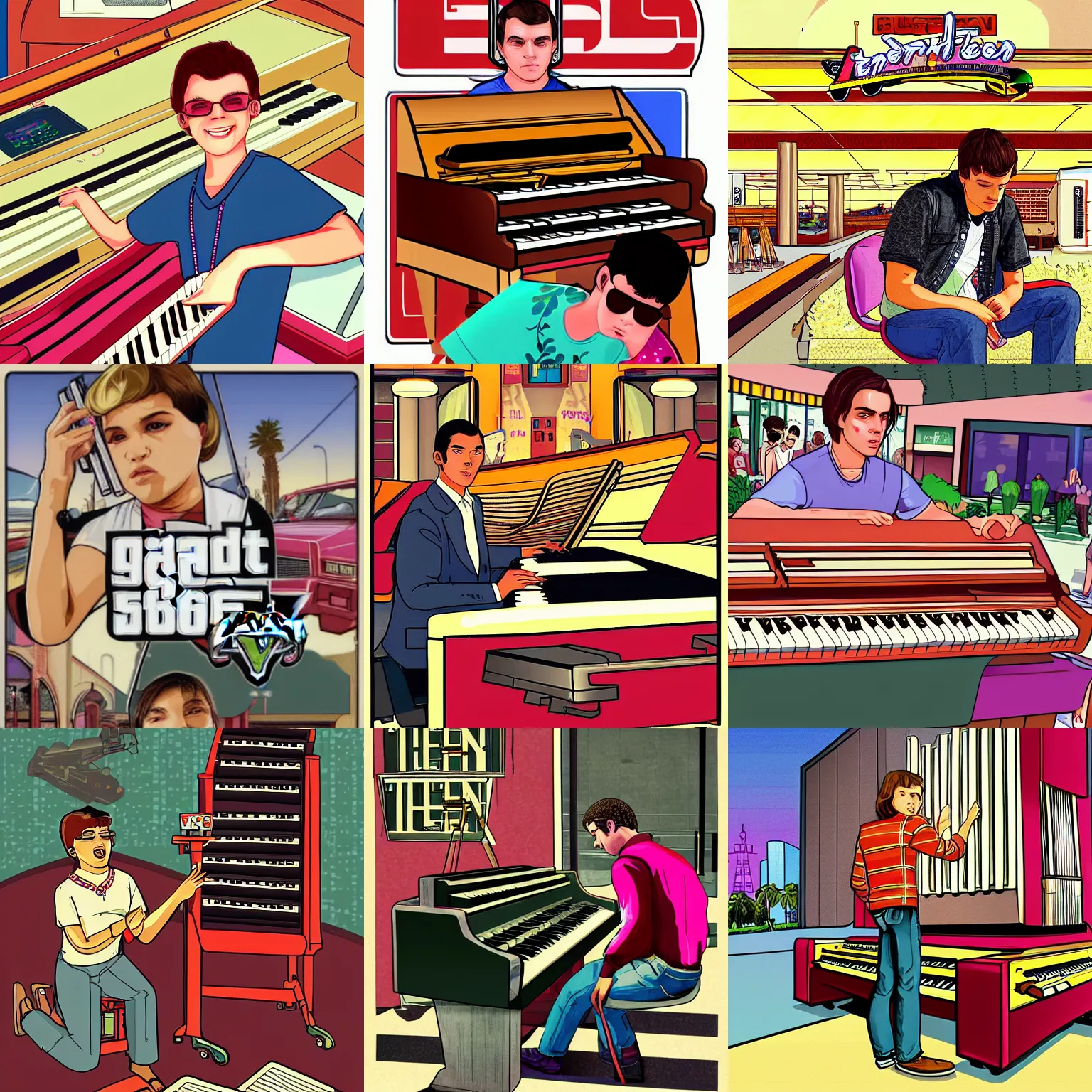 Prompt: GTA V illustration of teen playing an organ in a 1980s mall, cover of GTA V