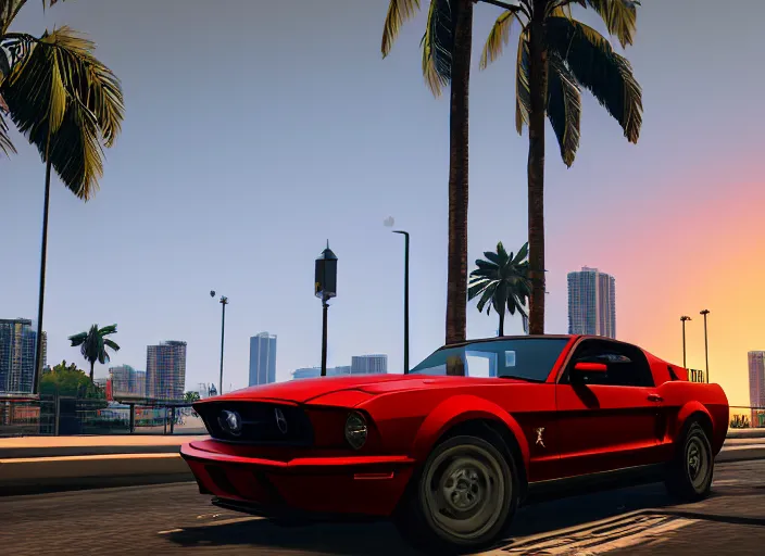 Image similar to still next - gen ps 5 game grand theft auto 6 2 0 2 4 remaster, graphics mods, rain, red sunset, people, rtx reflections, gta vi, miami, palms and miami buildings, photorealistic screenshot, unreal engine, 4 k, 5 0 mm bokeh, close - up ford mustang, gta vice city remastered, artstation