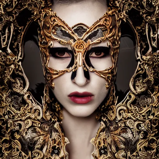 Image similar to a portrait of female model by stefan geselle and nekro borja, half face mask, photorealistic, intricate details, hyper realistic, dark fantasy, ornate headpiece, dark beauty, photorealistic, canon r 3, photography, wide shot, photography, dark beauty, symmetrical features, wide angle shot