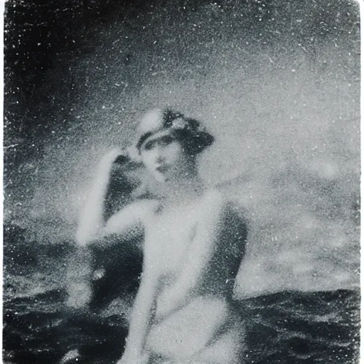 Prompt: low quality 1920s photo of a 🧜‍♀️ on deep sea, damaged