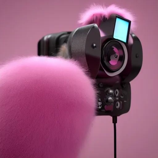 Prompt: extremly detailed micrphone made of pink fluffy fur, photorealistic, high details, 8 k, sharp focus, octane render, volumetric light