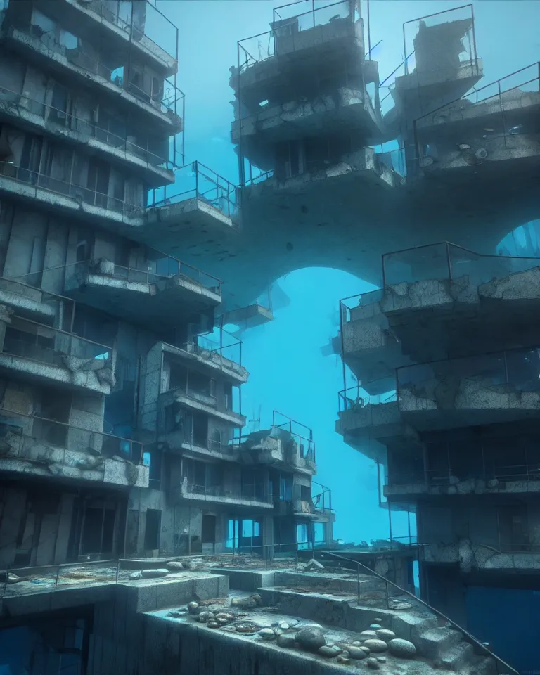 Image similar to an abandoned underwater Barcelona city, post-apocalyptic, metaphysical painting, cgsociety, rendered in unreal engine