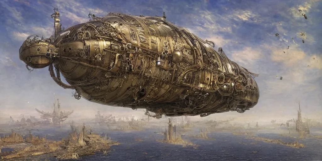 Prompt: a giant floating steampunk airship, by Mikhail Vrubel, trending on artstation