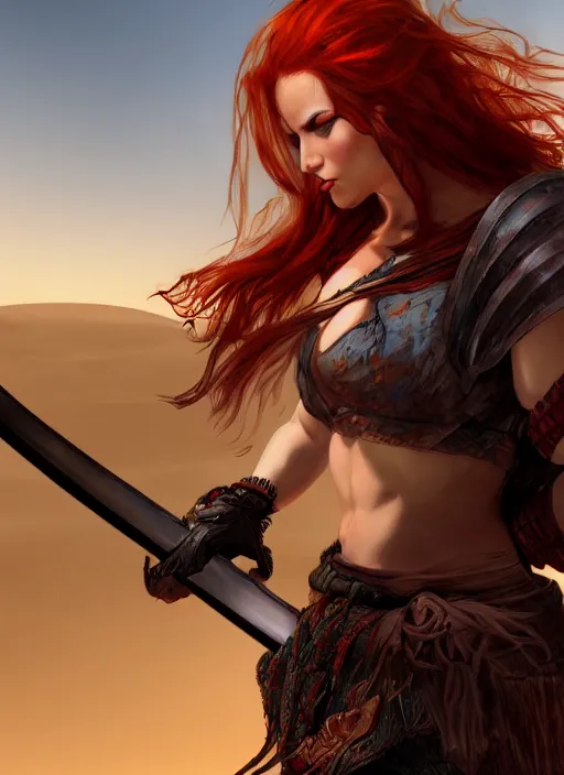 Image similar to Redhead female fighter with katana in desert, fantasy, medieval, vivid colors, fantasy, elegant, concept art, sharp focus, beautiful face, digital art, Hyper-realistic, 4K, Unreal Engine, Highly Detailed, HD, Dramatic Lighting by Brom, trending on Artstation