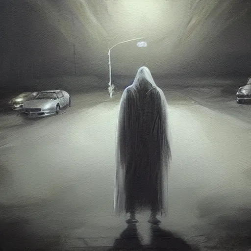 Image similar to ominous urine stained bedsheet ghost standing in front of a cars headlights late at night, oil painting, brush strokes, highly ornate intricate detail, gloomy mood,