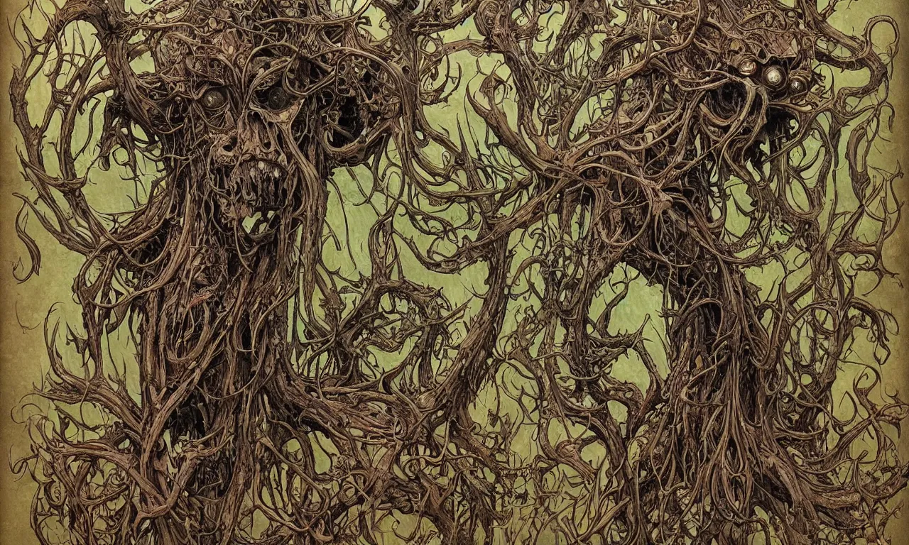 Image similar to hyperdetailed art nouveau portrait of treebeard as a cthulhu eyeball moose skull wendigo cryptid monster, by geof darrow, simon bisley and bill sienkiewicz, grim yet sparkling atmosphere, photorealism, claws, skeleton, antlers, fangs, forest, wild, bizarre, scary, lynn varley, lovern kindzierski, steve oliff