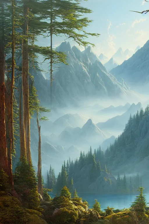 Image similar to painting of a mountains landscape with a blue lake and a dense pines forest, a detailed matte painting by christophe vacher, matte painting, ultra detailed, matte drawing