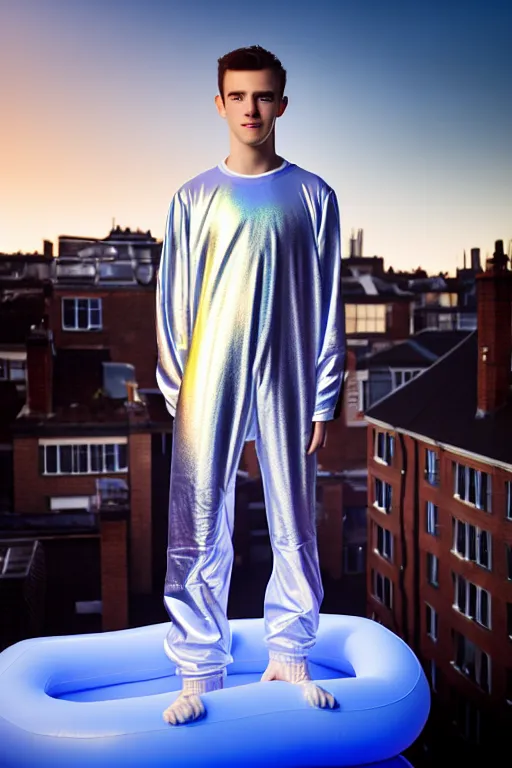 Image similar to un ultra high definition studio quality photographic art portrait of a young man standing on the rooftop of a british apartment building wearing soft baggy inflatable padded silver iridescent pearlescent clothing. three point light. extremely detailed. golden ratio, ray tracing, volumetric light, shallow depth of field. set dressed.