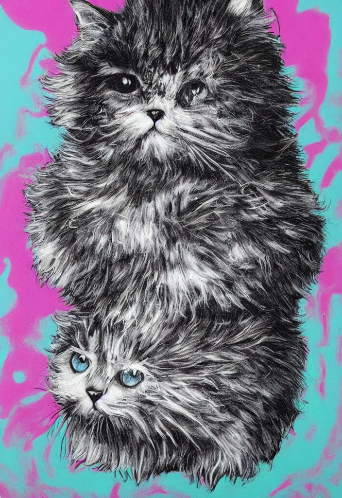 Image similar to fluffy cat with an afro comb t - shirt design, by jules julien, alex yanes, dark grisaille monochrome neon spraypaint, ironic surrealism, hypebeast