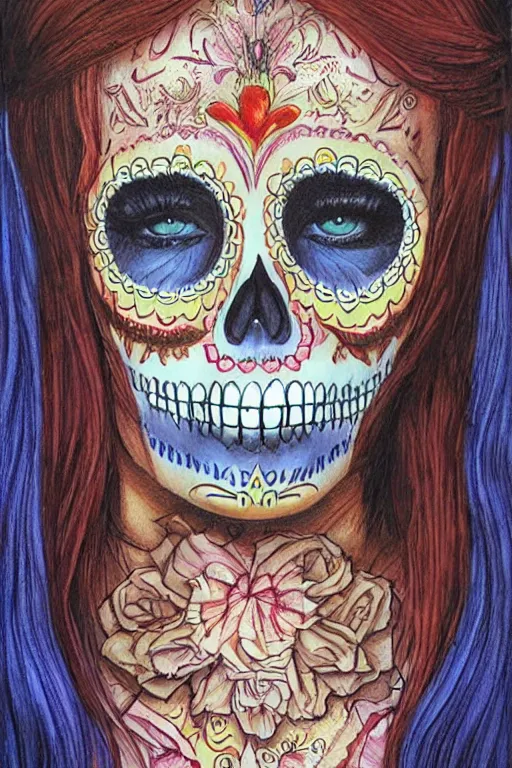 Image similar to Illustration of a sugar skull day of the dead girl, art by John Howe