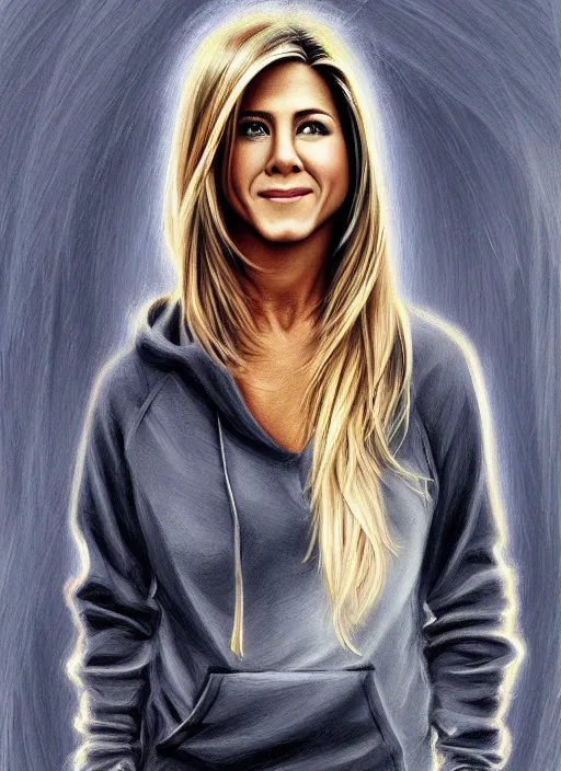 Image similar to jennifer aniston, gray hoodie, jeans, half body shot, path traced, highly detailed, high quality, digital painting, alena aenami, leonid afremov, lilia alvarado, shinji aramaki, karol bak, alphonse mucha, tom bagshaw