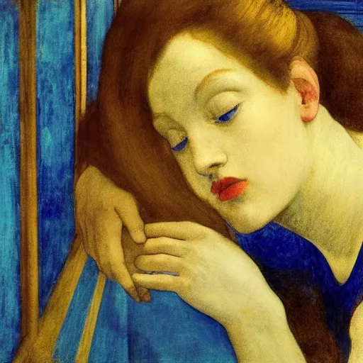 Prompt: close up of a girl in a blue and gold haunted liminal abandoned room, film still by edward hopper, by Pontormo, by klimt, by dante gabriel rossetti, pre-raphaelite. art noveau, highly detailed, strong lights, liminal, eerie, Bright pastel colors