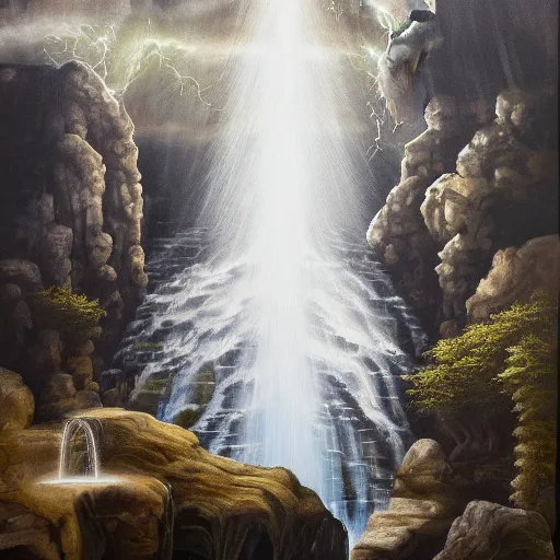 Image similar to oil painting of a dragon flying in the air near a cave with a waterfall in the center, light emanating from the waterfall leading to a big pool of water, dragon has black and white siberian tiger stripes, elegant, sharp focus, wide shot, clear, detailed, early renaissance