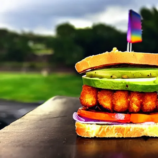 Image similar to sandwich with fried tofu, also one tomato slice, two onion rings, avocado and cheddar, over a dish and over a table, outside with a sunsed and rainbow in the background with saturn and stars in the sky, amazing light