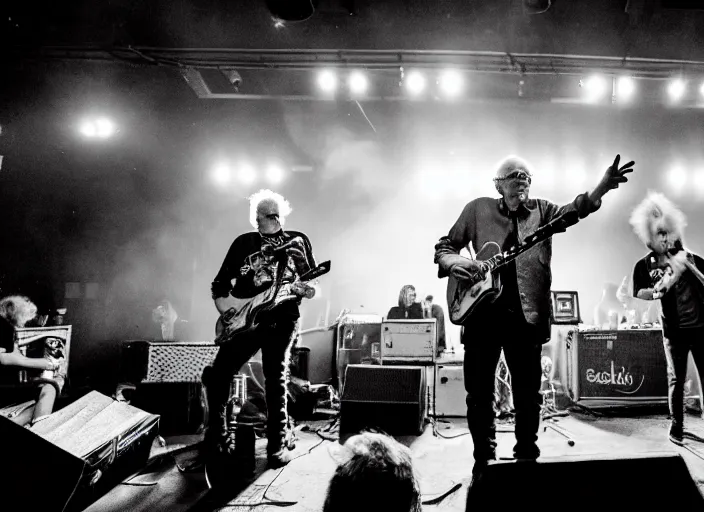 Image similar to publicity photo still of bernie sanders in a punk band playing live on stage, 8 k, live concert lighting, mid shot