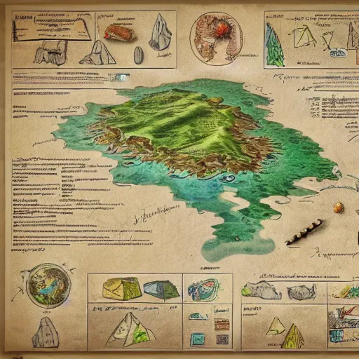 Image similar to imaginary map of a fantacy world, drawing of different elements in the lands, different realms, blueprint, infographic, on paper, natural colors, vintage, with notes, highly detailed, trending on artstation, beautiful