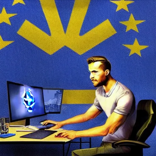 Image similar to european union eu hybrid influencer on blue shirt sitting on chair with eu flag on computer playing games on led keyboard and gaming mouse in style of American propaganda poster, eu flag, european union flag, dark and gloom, extremely detailed oil painting, open room, highly detailed, trending on artstation, concept art, sharp focus, illustration, art by artgerm and greg rutkowski and magali villeneuve