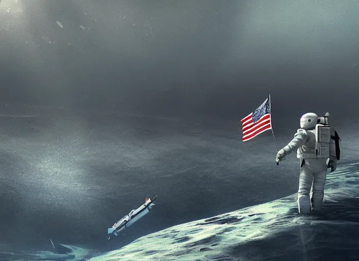 Image similar to astronaut holding a flag in an underwater desert. a submarine is visible in the distance. dark, concept art, cinematic, dramatic, atmospheric, 8 k, trending on artstation, blue, fish, low visibility, fog, ocean floor, christopher nolan, interstellar