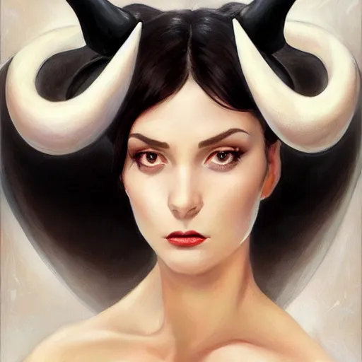 Image similar to An Attractive woman with Black hair wearing a white dress with curved demon horns lustfully looking into the camera, detailed, centered, digital painting, artstation, concept art, donato giancola, Joseph Christian Leyendecker, WLOP, Boris Vallejo, Breathtaking, 8k resolution, extremely detailed, beautiful, establishing shot, artistic, hyperrealistic, beautiful face, octane render, cinematic lighting, dramatic lighting, masterpiece