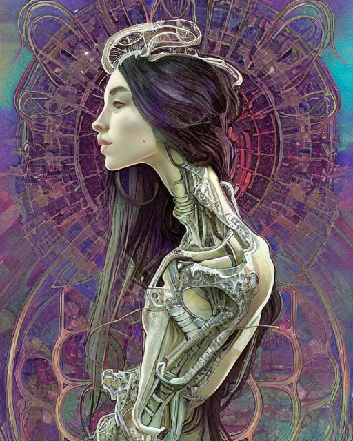 Image similar to glitch art bionic skeleton ghost, glitches, vaporwave, highly detailed, very intricate, art nouveau, filigree, romantic storybook fantasy, soft cinematic lighting, award - winning, disney concept art watercolor illustration by mandy jurgens and alphonse mucha and alena aenami, pastel color palette, featured on artstation