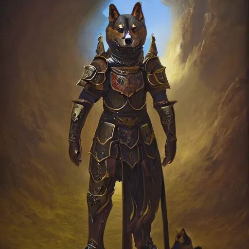 Image similar to game : gothic 2 paladin armor, anthropomorphic shiba inu, shiba inu face, stuning 3 d render, masterpiece, glowing aura, by donato giancola and greg rutkowski and wayne barlow and zdzisław beksinski, realistic face