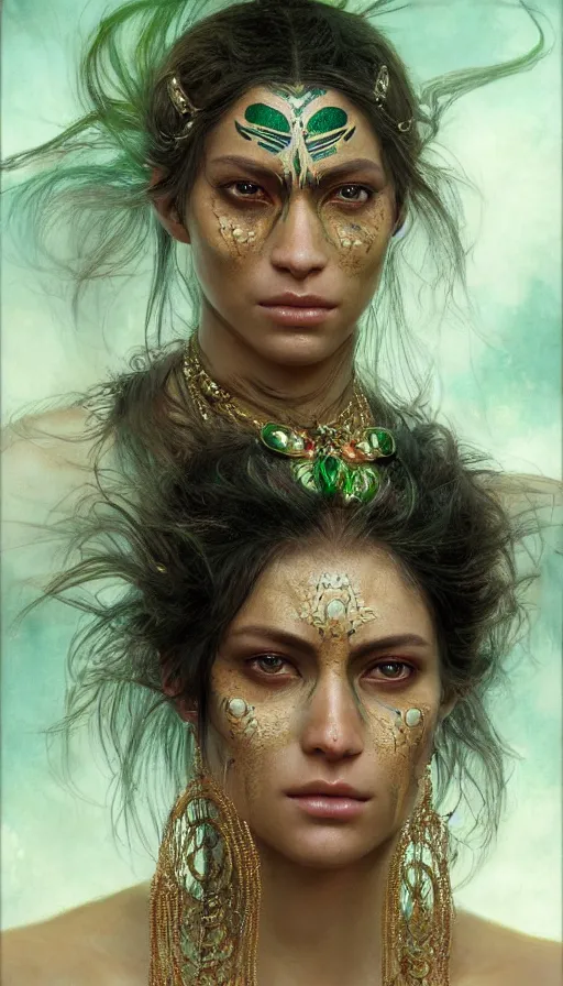 Image similar to epic masterpiece portrait of a beauty, tribal makeup and jewelry, sweaty skin, hyperrealistic, octane render, cinematic, beautiful face and flawless skin, perfect hands, emeralds by Edgar Maxence and Ross Tran and Michael Whelan, Legends of Runeterra