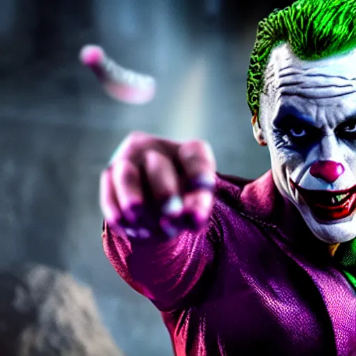 Image similar to the rock as the joker, movie still, d & d, fantasy, volumetric lighting, smooth lines, accurate, detailed