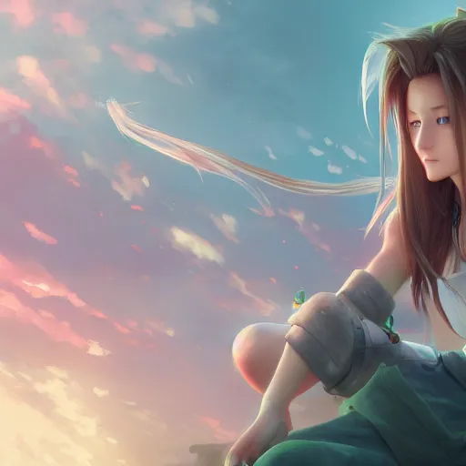 Prompt: high quality art of aerith ff7 by wlop, rossdraws, mingchen shen, bangkuart, sakimichan, yan gisuka, jeongseok lee, artstation, 4k