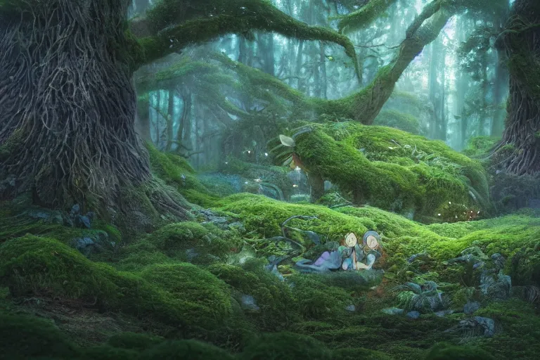 Image similar to magical forest forest, ghibli studio, cellshaded, nausicaa anime style hyper realistic, mossy tangled trees, ambient lighting, concept art, intricate, hyper detailed, smooth, dynamic volumetric lighting, octane, raytrace, cinematic, high quality, high resolution, 4 k, cgsociety, rutkowski, gurney