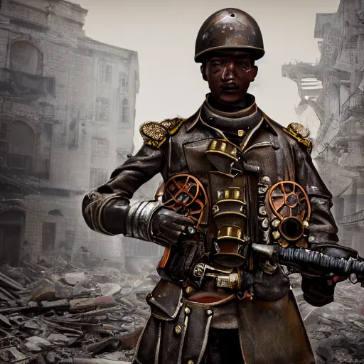 Prompt: photo of a detailed steampunk soldier with helmet carrying a steampunk rifle in his arms, standing in front of a dilapidated advanced city with citizens walking, 4k, Unreal Engine, octane render