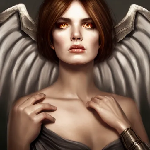 Prompt: perfectly - centered - portrait - photograph of an evil fallen angel wearing a dress, the perfect human female specimen, intricate, elegant, super highly detailed, professional digital painting, artstation, concept art, smooth, sharp focus, no blur, no dof, extreme illustration, unreal engine 5, 8 k, by anne stokes