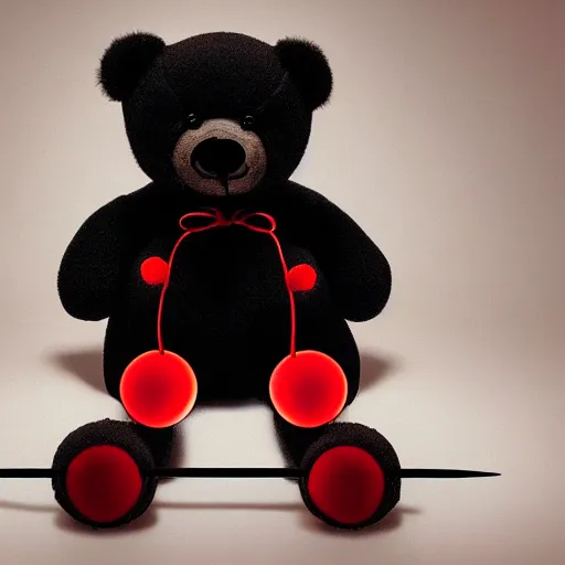 Prompt: monochromatic teddy bear with a black button for one eye and a glowing red blade like shape for another eye.