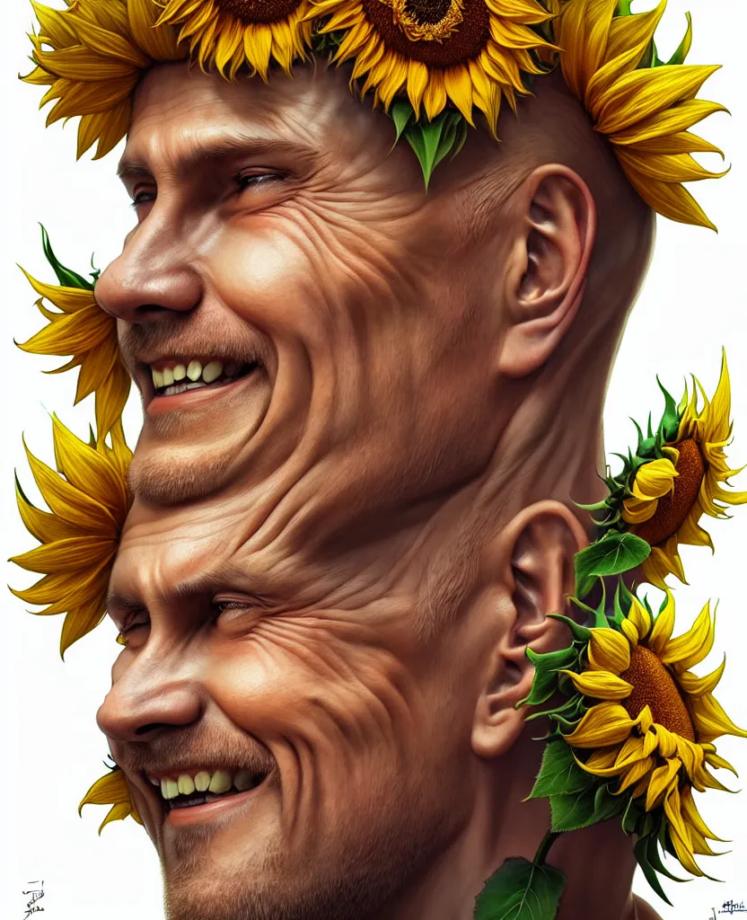 Image similar to digital art, centered full body of Putin smiling king, Sunflower crown, ,intricate, veins, by James Jean and by artgerm , by ross tran ultradetailed, charachter design, concept art, trending on artstation,