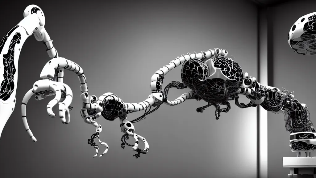 Image similar to a complex bifurcated robotic cnc surgical arm hybrid mri 3 d printer machine making swirling black and white ceramic mandlebulb mutant forms in the laboratory inspection room, film still from the movie directed by denis villeneuve with art direction by salvador dali, wide lens, f 3 2, cinematic lighting, studio quality, smooth render, unreal engine 5 rendered, octane rendered