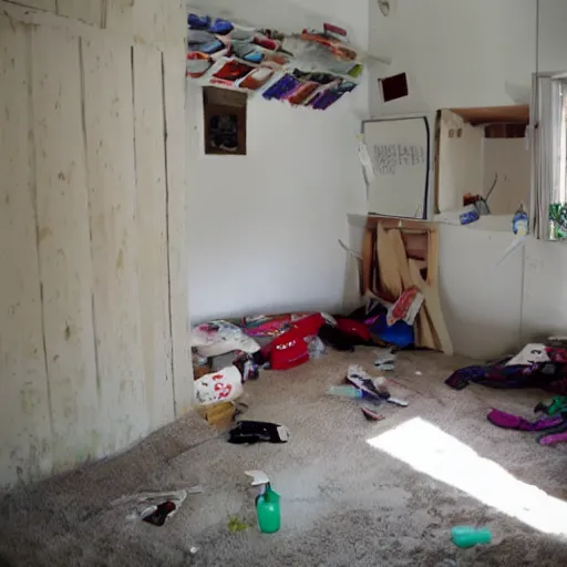 Image similar to bedroom completely filled with empty soda bottles