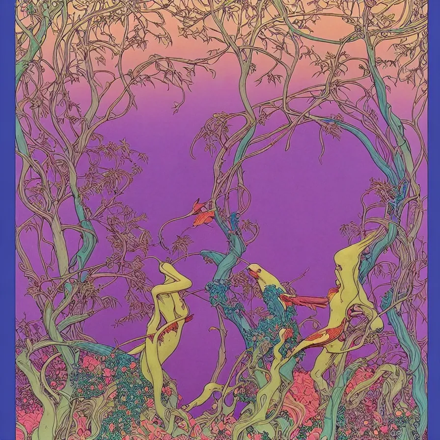 Prompt: ( ( ( beautiful strange forest and flowers and birds surrounded by an art nouveau style decorative frame ) ) ) by mœbius!!!!!!!!!!!!!!!!!!!!!!!!!!!, overdetailed art, colorful, record jacket, cover art design