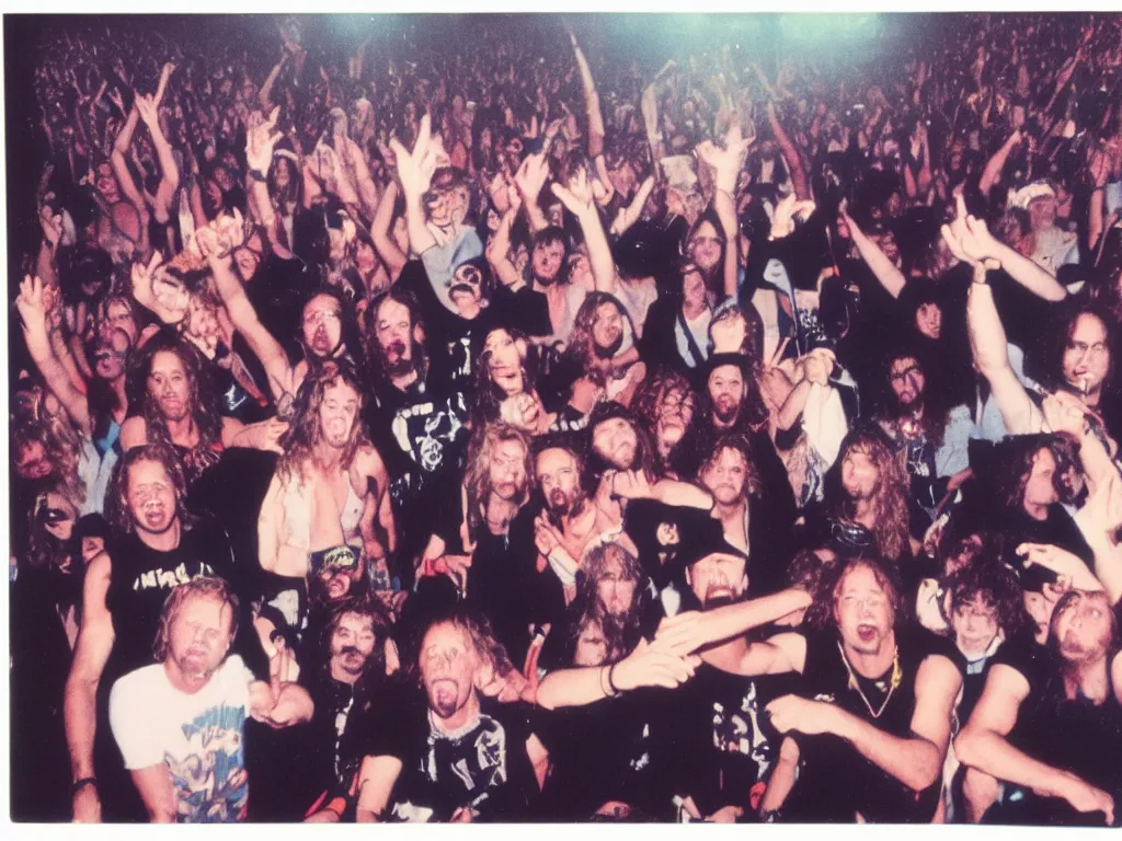 Prompt: 80s polaroid colour flash photograph of 80s Metallica concert