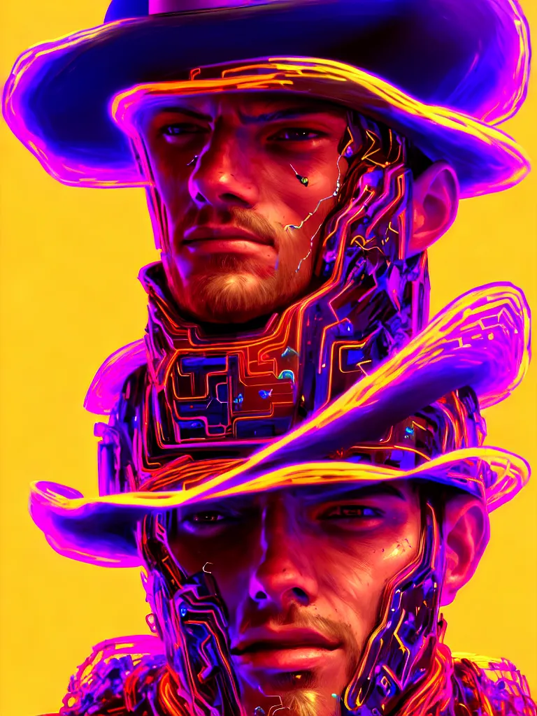 Image similar to portrait of an electric cowboy wearing pulsating western clothes , glitch desert, concept art, static eyes, bony hands , ArtstationHQ, highly detailed portrait, hyper-realism, digital painting,