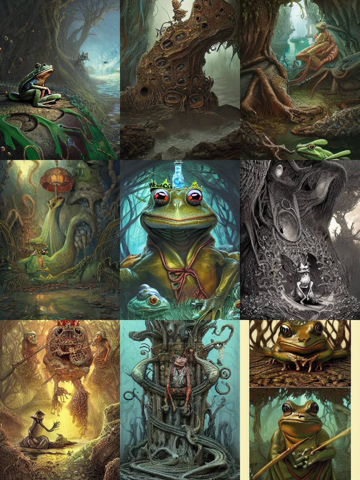 Prompt: digital concept art, The frog king by the Brothers Grimm, illustration in the style of Sergey Svistunov and Keith Thompson, extremely detailed, digital art, 8k