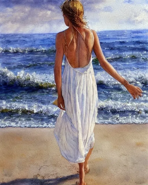 Image similar to a photorealistic watercolor of a woman with translucent white dress walking by the beach, by Steve Hanks, highly detailed and realistic, intricate HD, emotional realism