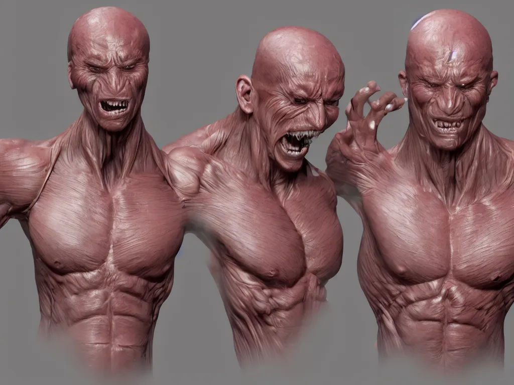 Image similar to muscular body, isopod, chiroptera head, chiroptera ears, big sharp teeth, hyperrealism, artstation, cgsociety, zbrush, no background