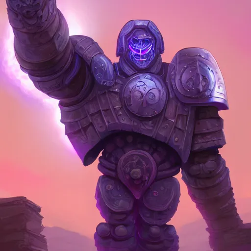 Prompt: purple glow coming off of ancient runic armored golem high detail, artstation, award winning masterpace