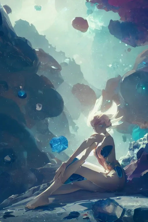 Image similar to A beautiful woman sitting on a bed of crystals below planets, cinematic lighting, dramatic atmosphere, by Dustin Nguyen, Akihiko Yoshida, Greg Tocchini, Greg Rutkowski, Cliff Chiang, 4k resolution, trending on artstation