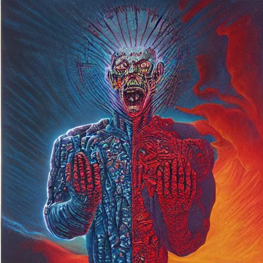 Image similar to lament configuration box floating above skinned bloody man in hell by clive barker, alex grey, lisa frank, beksinski