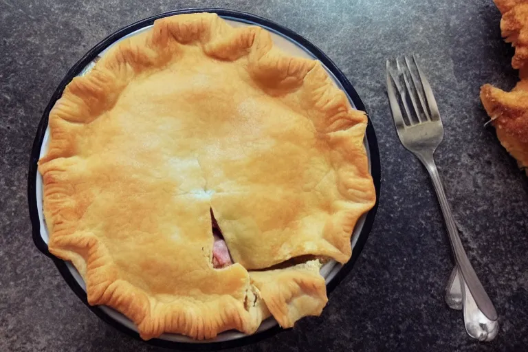 Prompt: a kitty eating a chicken pot pie, hyper realistic, photograph, cute