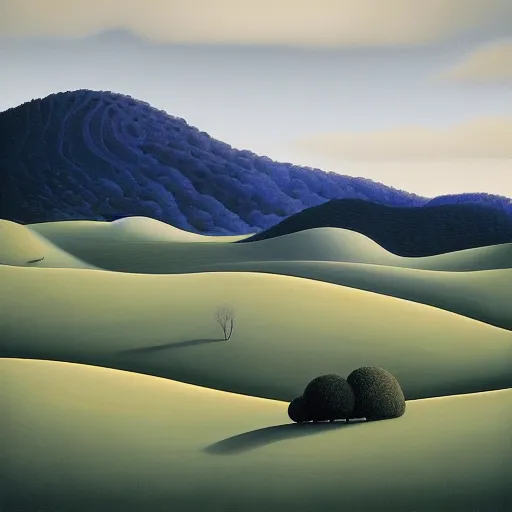 Image similar to a painting of the rolling hills in muted color, an ultrafine detailed painting by rafal olbinski, behance contest winner, pop surrealism, detailed painting, very detailed, minimalist, skeuomorphic, airbrush art