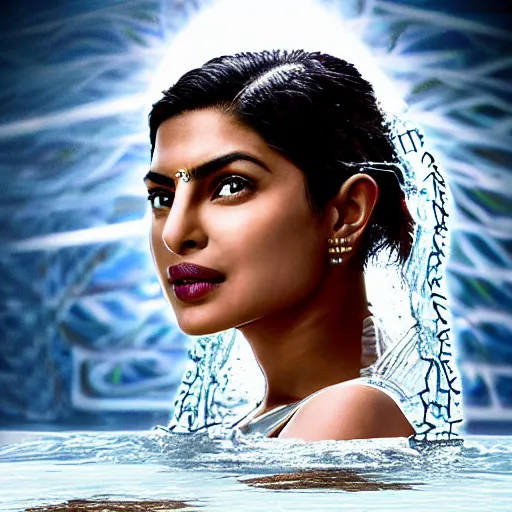 Image similar to beautiful centered Fine art photo portrait of Priyanka Chopra as a solarpunk robotic humanoid treading on water, white mechanical parts with led lights, photorealistic, white background, highly detailed and intricate, sun lighting, HDR 8k