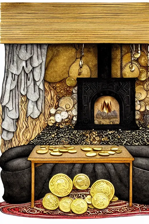 Image similar to leather pouch and scattered gold coins on a wooden table with cozy fireplace in the background, warm lighting, fantasy, intricate, elegant, highly detailed, digital painting, artstation, concept art, matte, sharp focus, illustration, art by kay nielsen and walter crane, illustration style, watercolor