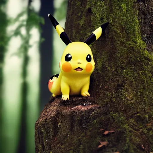 Image similar to very very intricate photorealistic photo of pikachu in a forest, photo is in focus with detailed atmospheric lighting, award - winning details